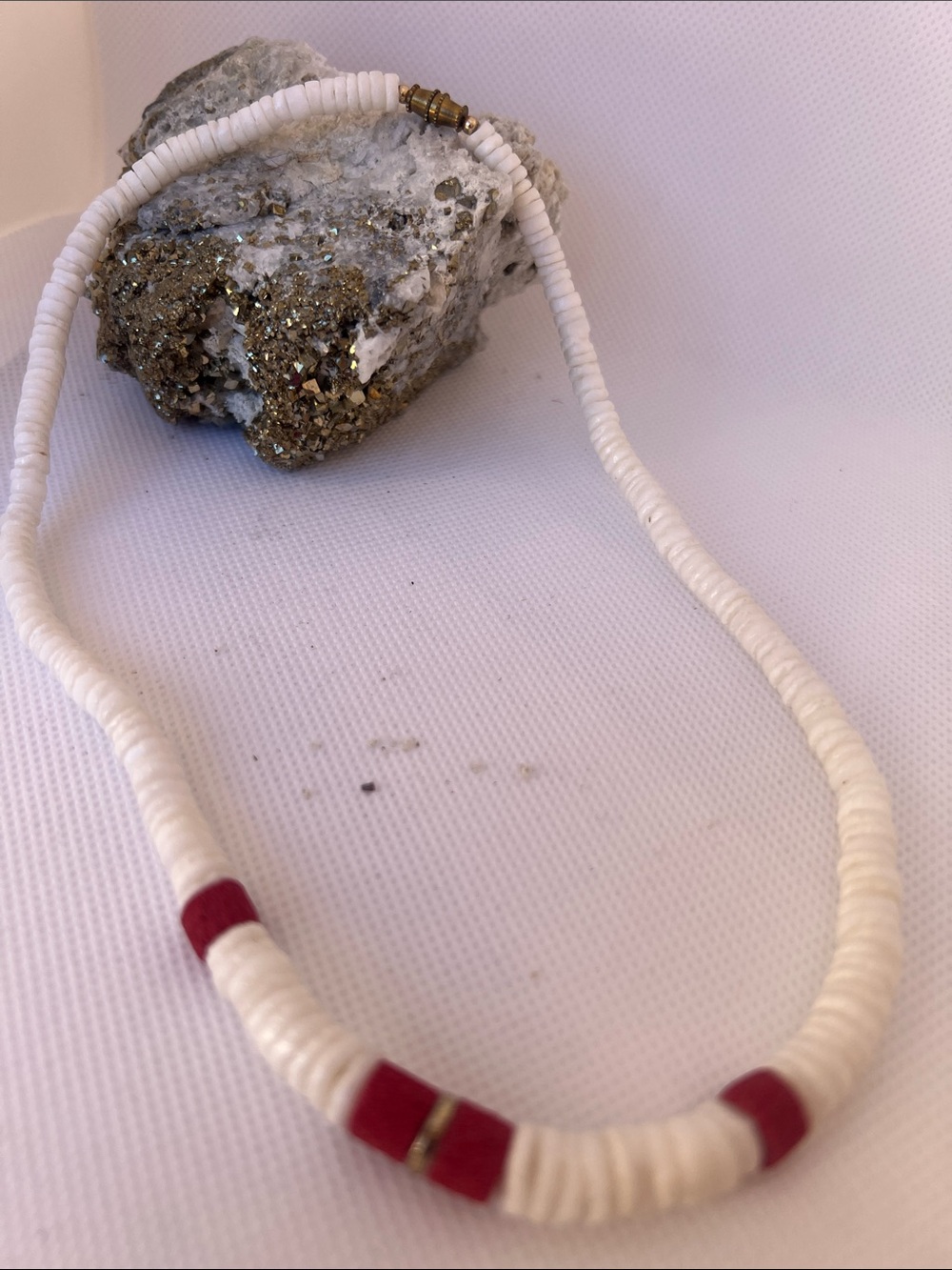 White Beaded Necklace with Red Accents